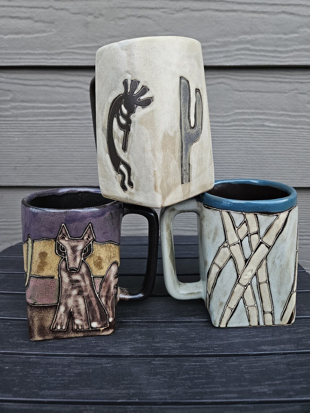3 Mara Mexico Stoneware Mugs Art Pottery Coyote Bamboo Cactus Large Heavy Coffee
